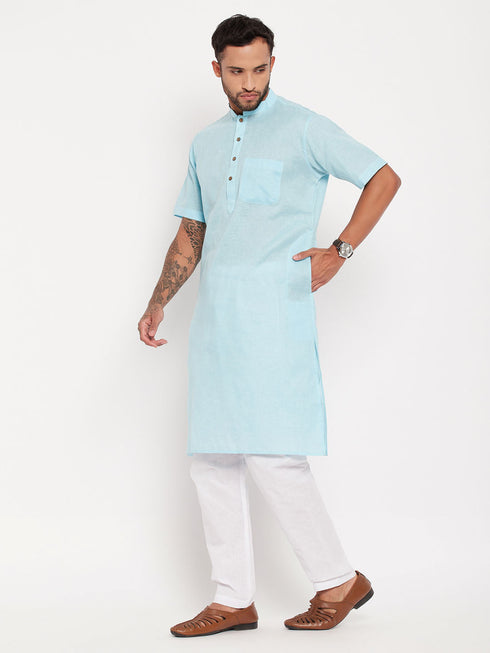 Vastramay Men's Aqua Blue Solid Kurta with White Pyjama Set